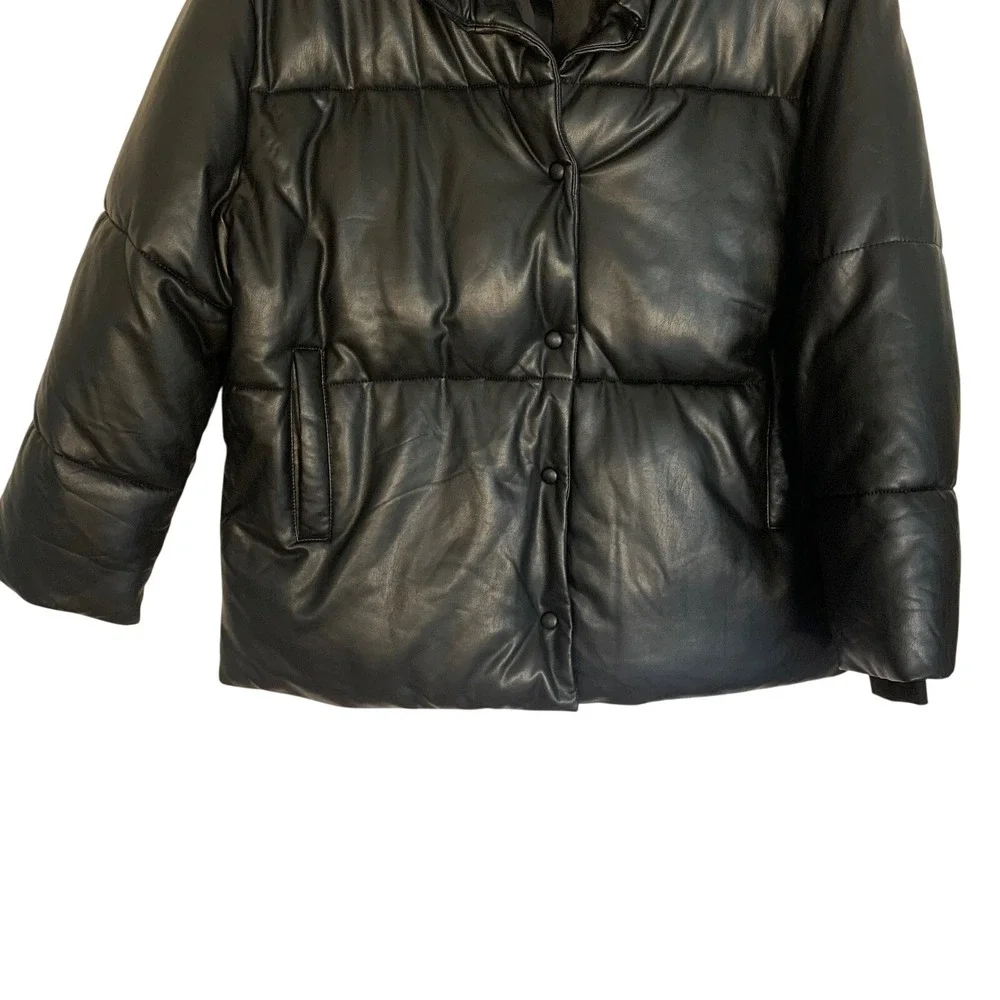 Avec Les Filles Black Puffer Jacket Women's L Large Snap Front Winter Warm Shiny